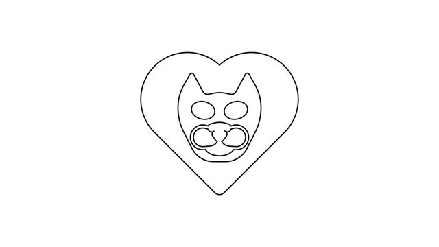 Black line Heart with cat icon isolated on white background. Love to the animals. 4K Video motion graphic animation