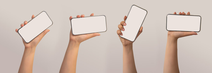 Set of woman's hands using smartphone with blank screen, isolated on white background.