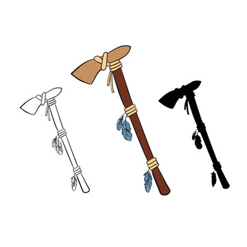 Native american tomahawk.Traditional indian weapons. Vector illustration is colored, silhouette and contour are isolated on white background.