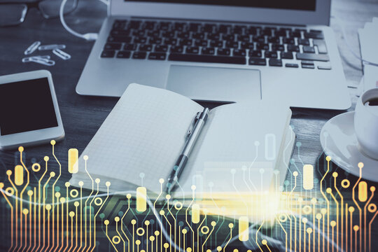 Multi exposure of data theme drawings and desk with open notebook background. Concept of education - Powered by Adobe