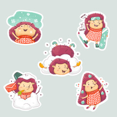 Set of Hedgehog paper stickers. Winter Stickerpack. Cute New Year character in a sweater 1.