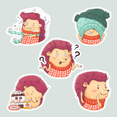 Set of Hedgehog paper stickers. Winter Stickerpack. Cute New Year character in a sweater 3.