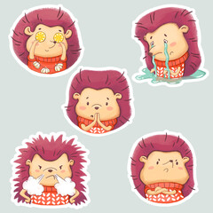 Set of Hedgehog paper stickers. Winter Stickerpack. Cute New Year character in a sweater 5.