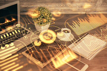 Double exposure of tech theme sketch over cell phone background. Concept of technology