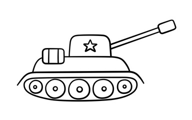 Fototapeta premium Hand drawn military tank with star. Children drawing of a war tank. Vector illustration isolated on white background.