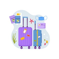 Concept of travel stuff for adventure tourism, travel. Journey decorative design with tropical leaves, shells, accessories,  suitcase, baggage for tourism. Flat cartoon modern vector