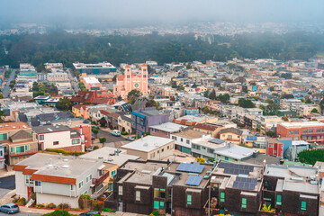 Panoramic view of the city of San Francisco in a residential area from a high hill