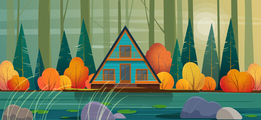 Wooden A-frame house in the autumn forest. Autumn landscape with a tiny house or cabin on the lake. Vector illustration