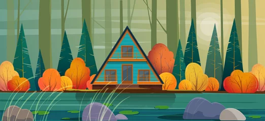 Poster Wooden A-frame house in the autumn forest. Autumn landscape with a tiny house or cabin on the lake. Vector illustration © Sabina Schaaf