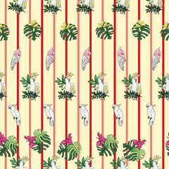 Vector pastel yellow background tropical birds, parrots, exotic cheese plant, monstera, hibiscus flowers. Seamless pattern background