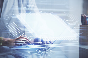 Double exposure of woman hands working on computer and data theme hologram drawing. Tech concept.
