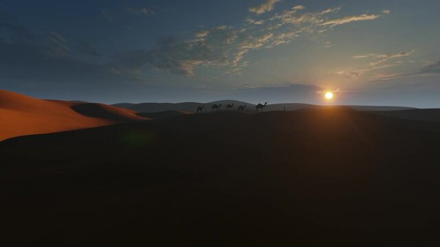 Desert sand dunes and camels silhouetted against the sunset