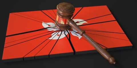 Judge's gavel and broken block with flag of Hong kong. Conceptual 3d rendering