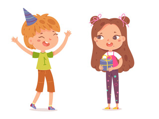 Happy birthday, kids celebrating at party with gifts. Cute children having fun vector illustration. Little boy smiling at event, girl giving present in box isolated on white background