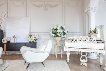 rich luxurious interior of a cozy room with modern stylish furniture nd grand piano, decorated with...