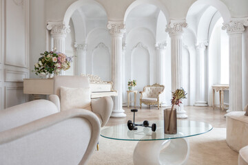 rich luxurious interior of a cozy room with modern stylish furniture nd grand piano, decorated with...