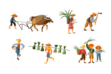 Asian farmers in agriculture set. Chinese, Vietnamese, Indian or Indonesian workers vector illustration. Men and women collecting crops, plowing with bull on white background