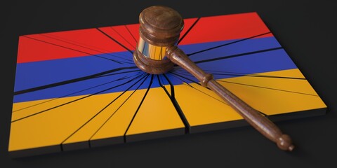 Broken block with flag of Armenia and judge's gavel. Conceptual 3d rendering