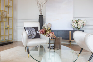 rich luxurious interior of a cozy room with modern stylish furniture nd grand piano, decorated with...