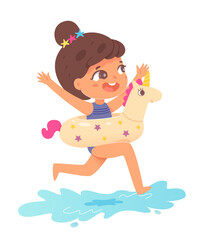 Obraz na płótnie Canvas Girl running on water on summer vacations. Little child having fun in inflatable float vector illustration. Kid spending holidays in seaside or swimming pool on white background