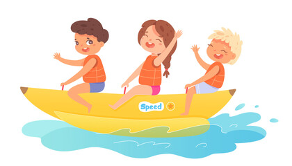 Children riding banana boat on water on summer vacations. Little boys and girl having fun on inflatable equipment vector illustration. Kids spending holidays on seaside on white background