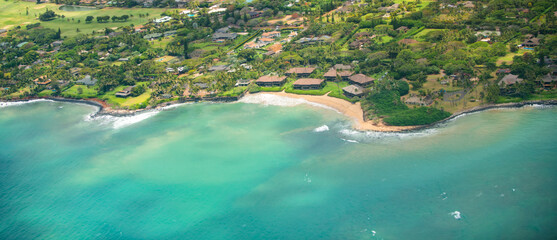 Broad panorama of beach in Hawaii, aerial view over the ocean on west coast of Maui, Hawaii.