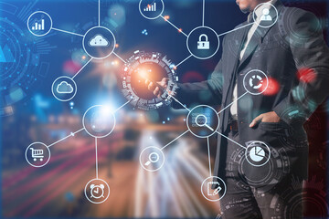 Young businessman using a smartphone to open a business technology work network interface concept of technological innovation