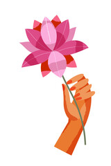Indian traditional flower lotus in hand. Composition with fingers holding beautiful flower in full bloom vector illustration. Tourism in India symbols isolated on white background