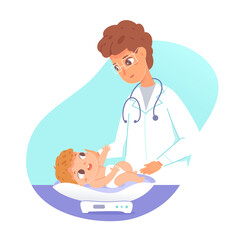 Paediatrician doctor doing check up on baby in clinic or hospital. Woman with small happy infant with stethoscope vector illustration. Consultation in medical examination room