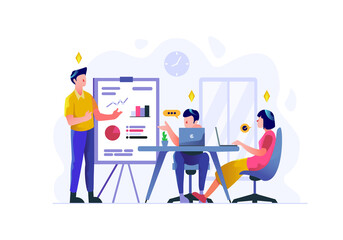 Business employer doing presentation discussion teamwork people character flat design style Vector Illustration