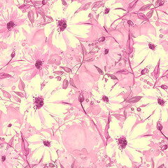 Seamless watercolor pattern with a floral pattern of leaves, berries, plants and fruit peach.
Peach, apricot pattern with tropic fruits, leaves, flowers background. Chamomile flower, calendula.
