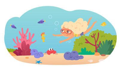 Little girl swimming underwater in sea. Child in water having fun in summer vector illustration. Happy kid in goggles diving and looking at fish and sea life, corals, animals