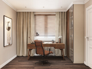 Home interior with workplace. Desk by the window