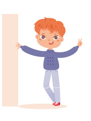 Happy boy standing and showing peace sign. Joyful smiling child. Positive emotion and fun vector illustration. Cute cheerful little kid in good mood with symbol on white background