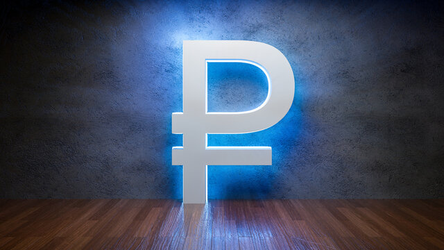 Symbol Of Russian Ruble  Glowing In Empty Concrete Room As Currency Signï¼Œ3D Rendering