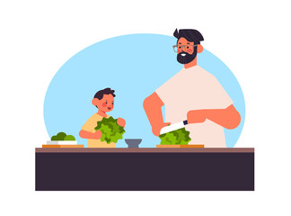 young father and little son preparing healthy vegetables salad parenting fatherhood concept