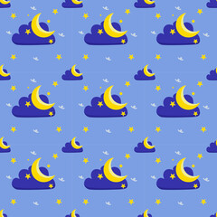 cloud pattern, stars, crescent moon  blue background