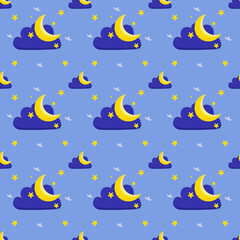 cloud pattern, stars, crescent moon  blue background