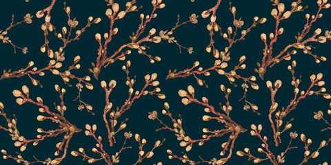 Watercolor seamless pattern with willow branches. Hand drawn willow wood isolated on dark blue background. Spring illustration for design, print, fabric or background. Template for holiday.