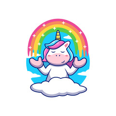 Cute Unicorn with Rainbow and Sky Background. Animal Vector Icon Illustration, Isolated on Premium Vector