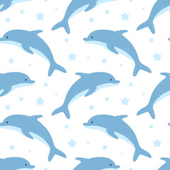 Childish seamless pattern with dolphins.