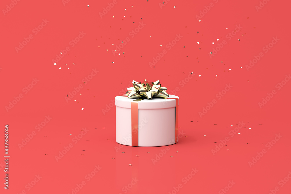 Poster minimal trendy scene of round gift box and golden confetti particles on red background, 3d rendering