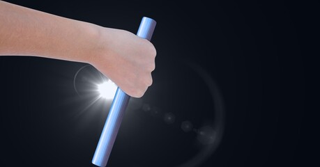 Composition of caucasian male runner holding baton on black background