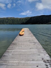 Boats on a volcano lake on the Azores