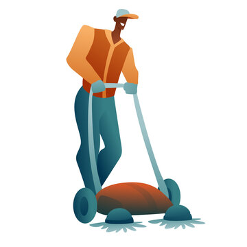 A man in uniform with a cleaning machine on a white background. The guy in the cap is mowing the lawn. City cleaning concept, vector illustration, social advertising.