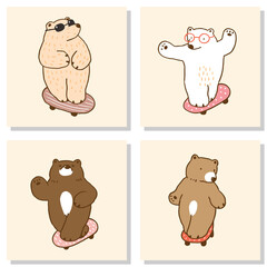 Set of 4 Cartoon Bears with Skate Board Illustration on Isolated Backgrounds