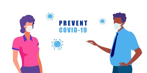 Covid-19 precautions woman and man vector illustration.