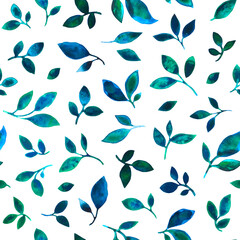 hand drawing watercolor stains leaves. seamless summer turquoise pattern. for fabric, clothing, wrapping paper and any background.