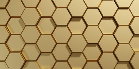 Gold hexagons. 3D pattern. Template for wrapping. 3d render. Luxury backdrop. High tech geometric design. Industrial technology. Template for web design. Wallpapers. Golden luxury background. 3d tiles