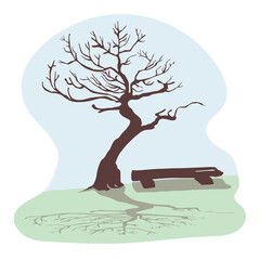 A dry old tree and a beautiful shade. Trunk and branches without leaves against the blue sky. Next to it is a wooden bench. The concept of loneliness and emptiness. Silhouette of a tree. Vector
